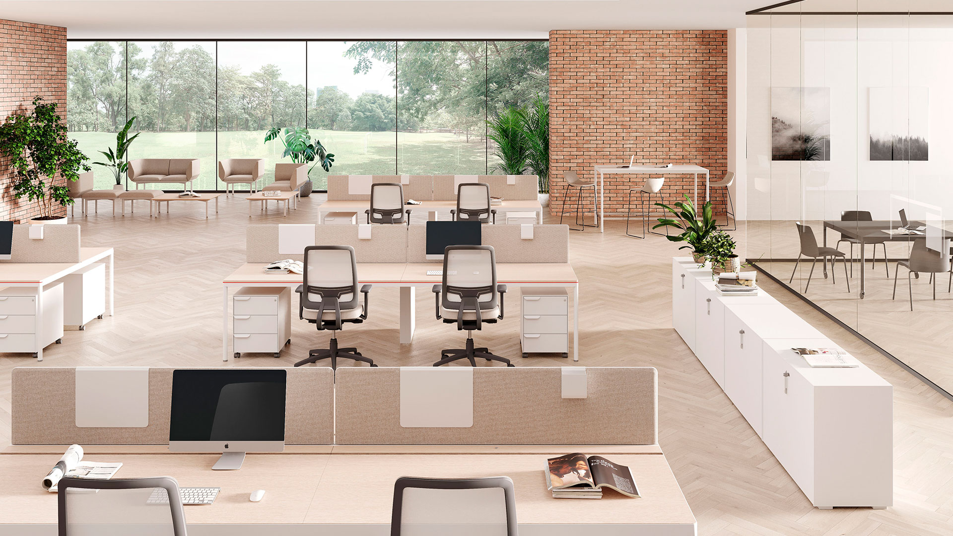 С помощью коллекции столов на круглых опорах Fil Rouge легко организовать функциональное рабочее пространство