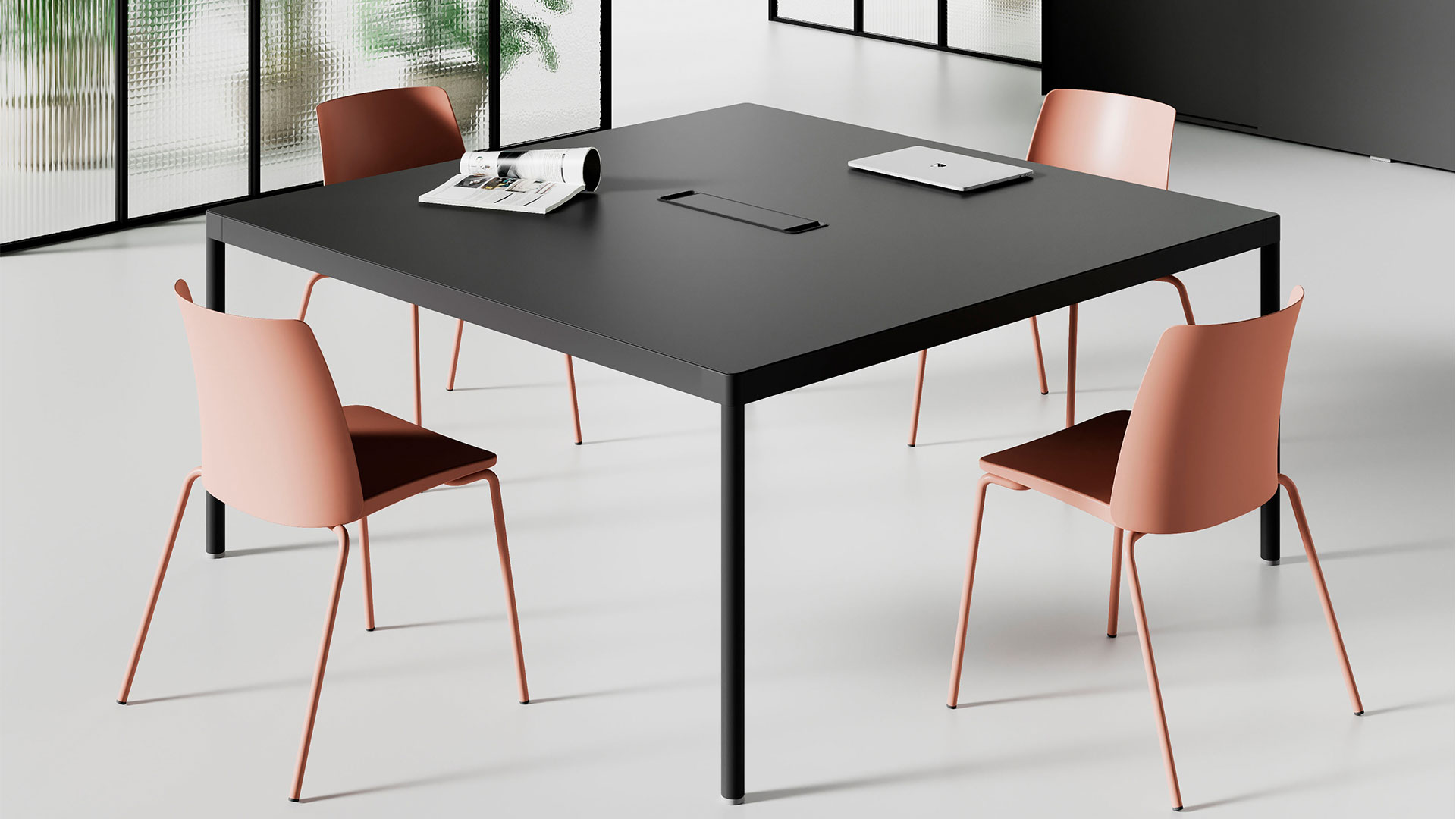 Вариант конференц-стола с квадратной столешницей для 4-х человек и чёрным 3D-покрытием