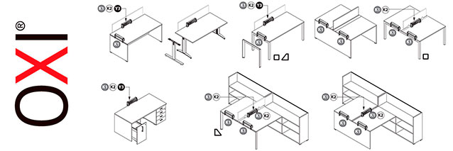 Варианты установки розеточных блоков на столах серии Oxi